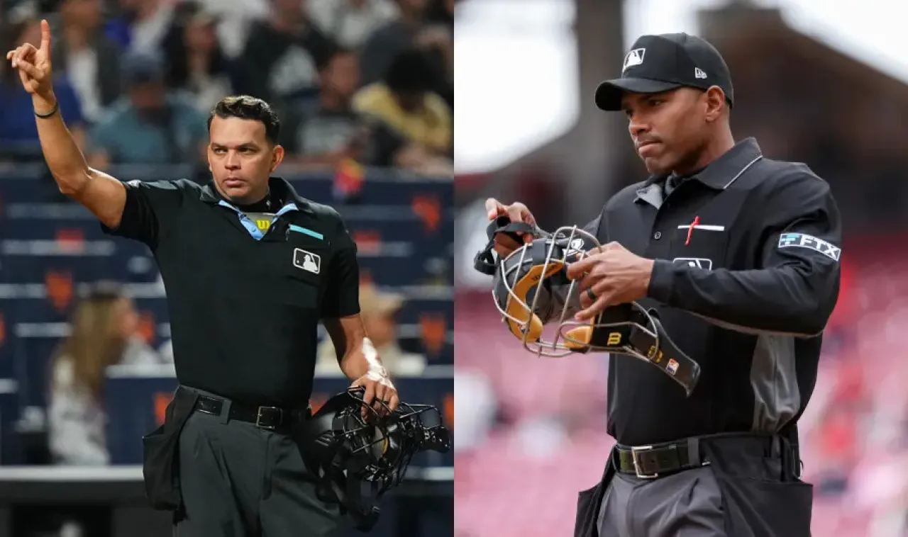 Los árbitros venezolanos Edwin Moscoso y Emil Jiménez durante la temporada 2026 de MLB