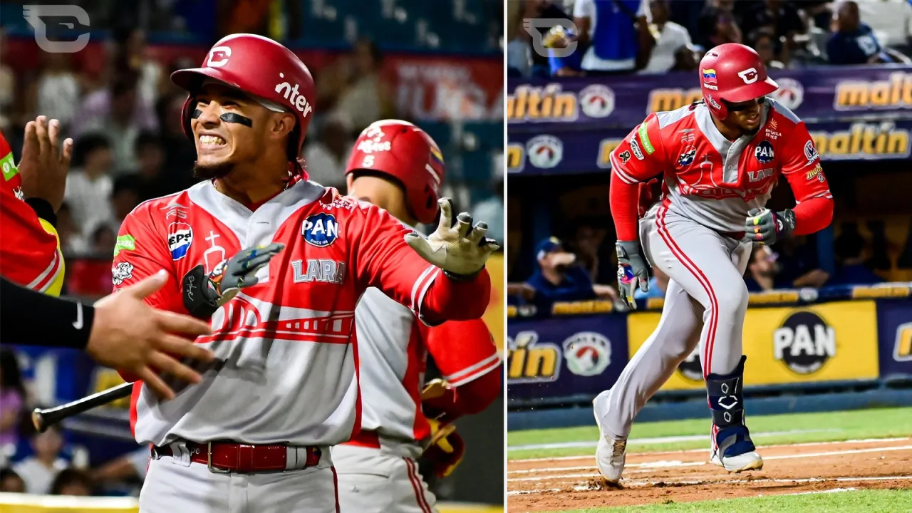 Composición de Carlos Colmenárez celebrando con sus compañeros y corriendo con el uniforme de Cardenales de Lara.